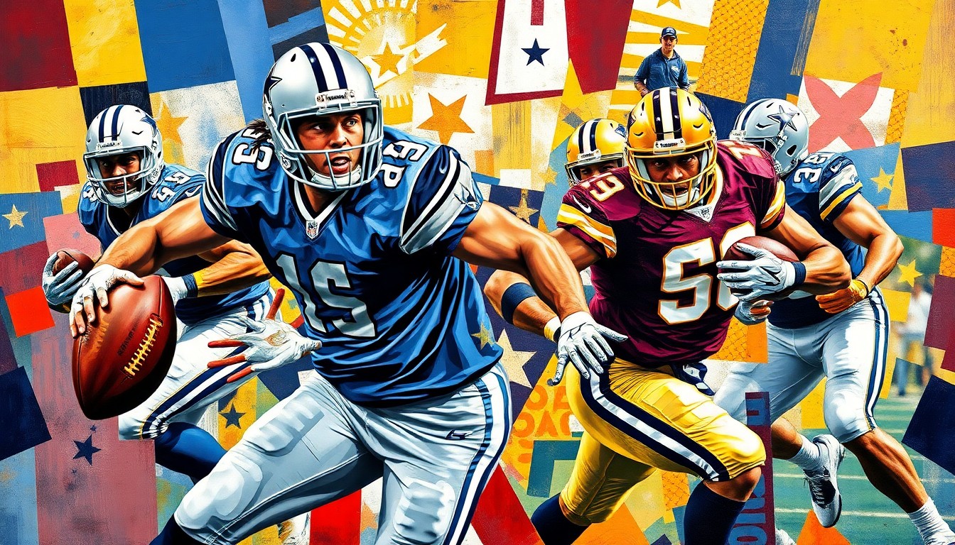 A fractured, cubist-style painting depicting the silhouette of a football player in the midst of a pass rush, with sharp geometric planes in the colors of the Dallas Cowboys and Washington Commanders uniforms.