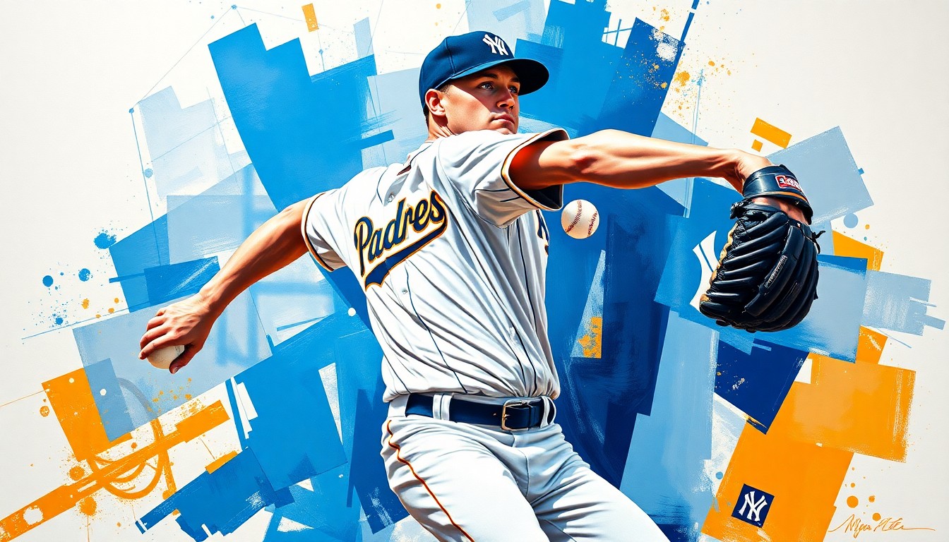 A fractured, multi-perspective painting depicting a baseball pitcher's motion broken down into sharp, overlapping geometric shapes and planes in vibrant blue, orange, and white colors.