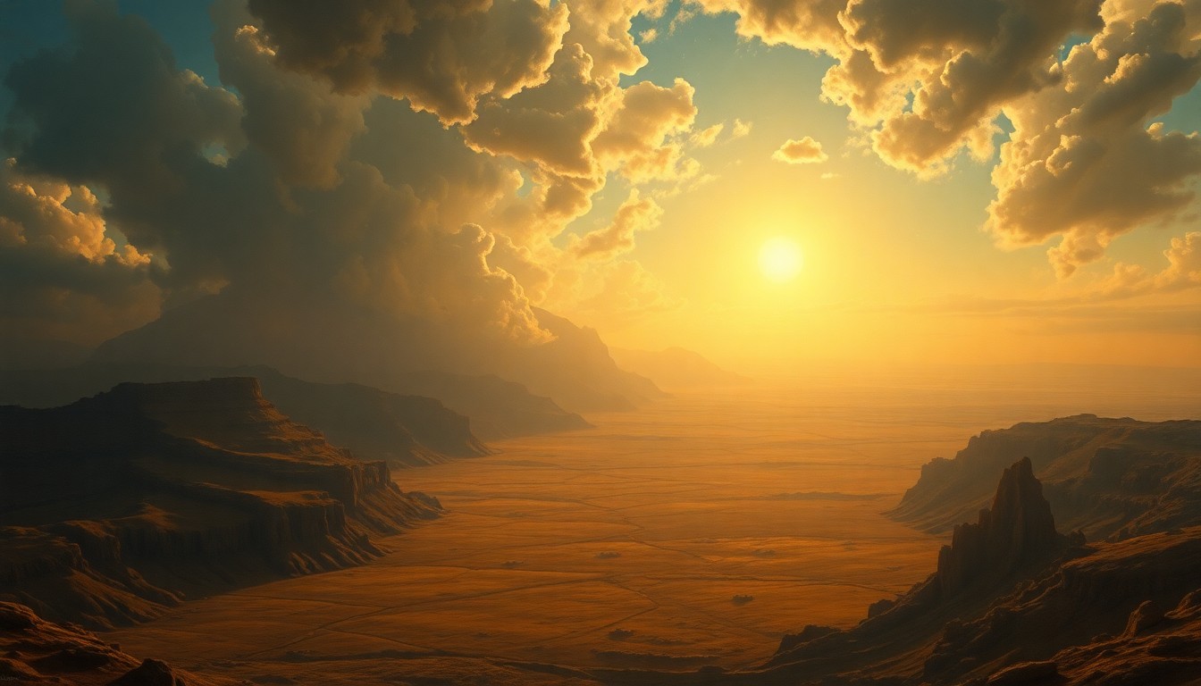 A vast, sun-drenched landscape painting with a hazy, bleached-out horizon and dramatic shadows, conveying the overwhelming, sublime scale of extreme heat.