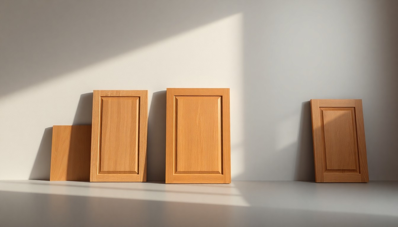 A minimalist, photorealistic studio still life featuring a set of premium, polished wood cabinet doors in a warm, earthy color palette, arranged elegantly on a clean, monochromatic background with dramatic lighting and deep shadows, conceptually representing the craftsmanship and quality of Skytop Cabinets' new Covered Bridge Cabinetry line.