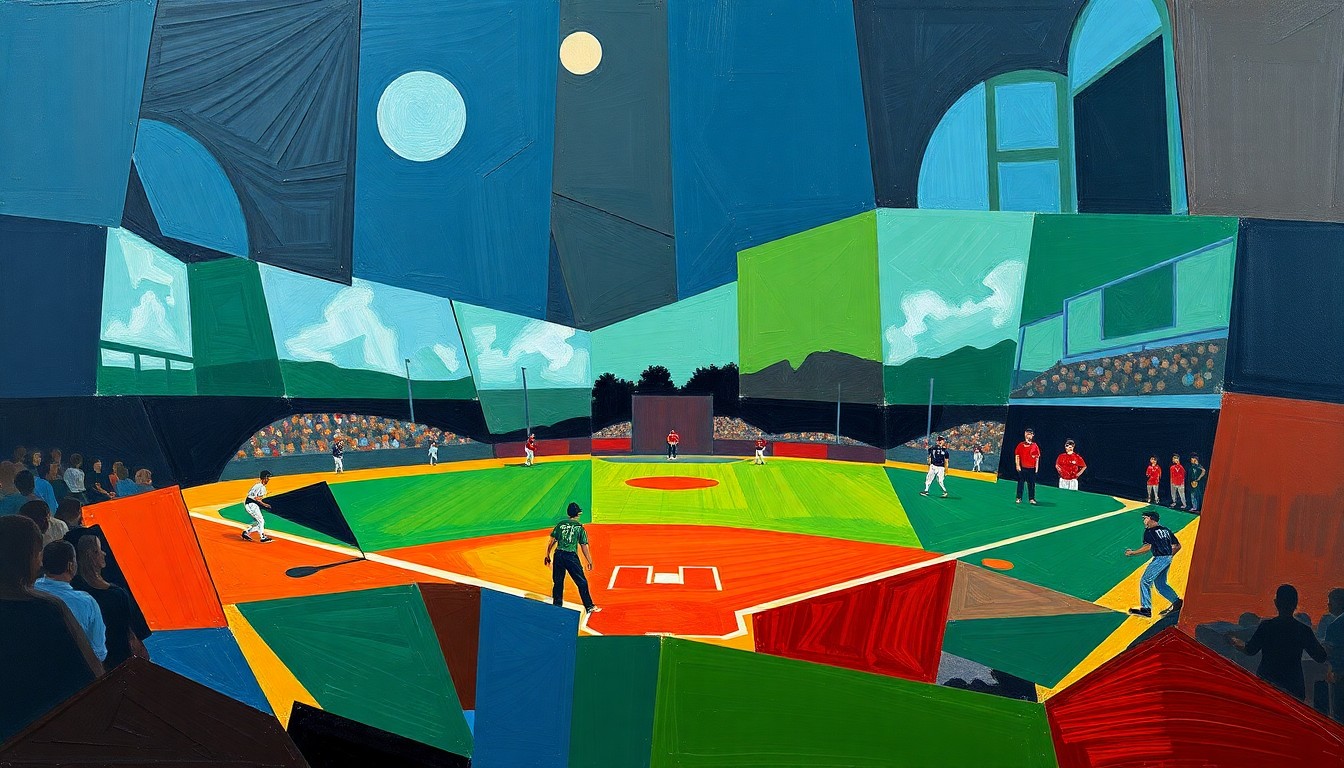 A fragmented, geometric painting depicting the dynamic movements and energy of a high school softball game, with sharp planes of navy, green, and red colors.
