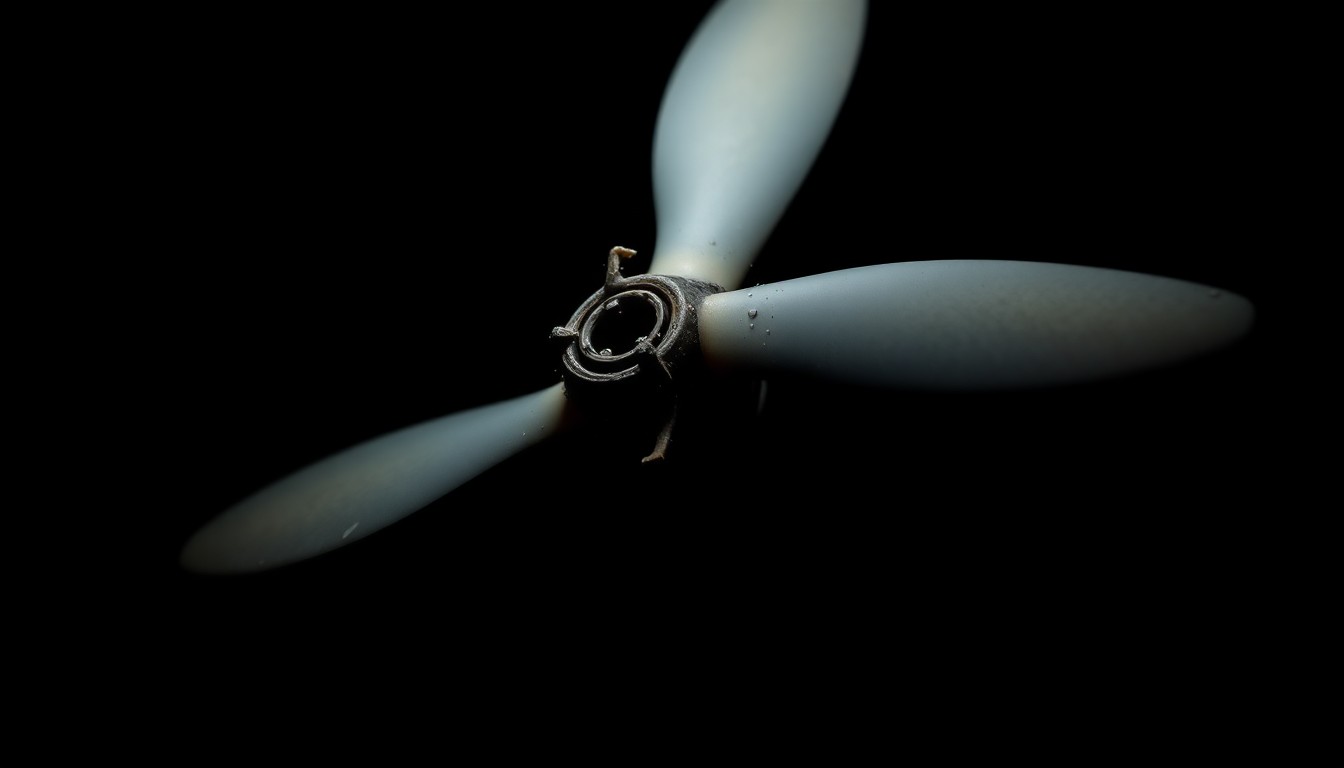 An extreme close-up photograph of a twisted, damaged paramotor propeller against a pitch-black background, conveying the gritty aftermath of a fatal crash through stark, dramatic lighting and texture.