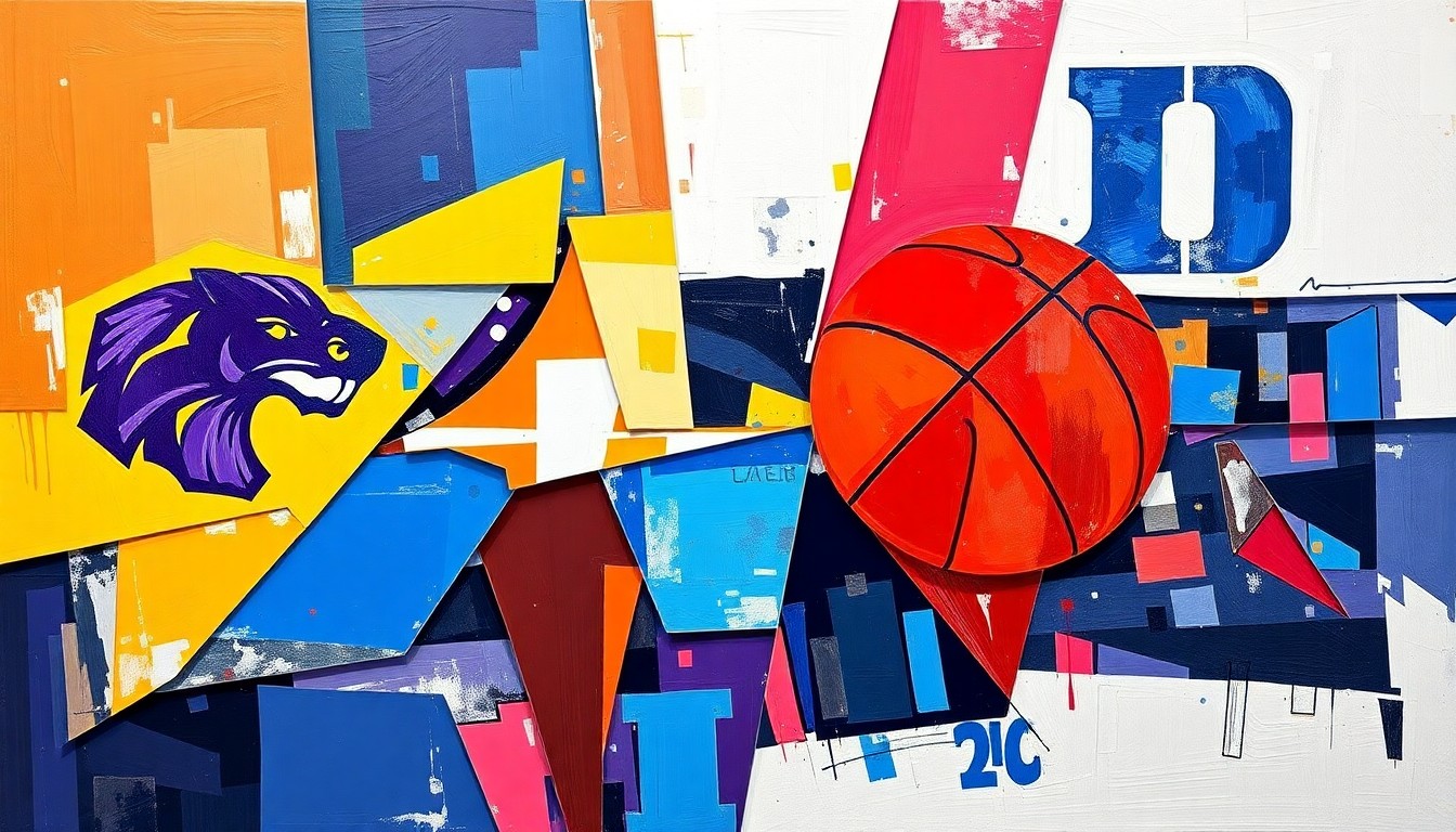 A fractured, cubist-style painting depicting a basketball game or match, with sharp geometric shapes and planes in the official colors of LSU and Duke, capturing the dynamic energy and movement of the sport.