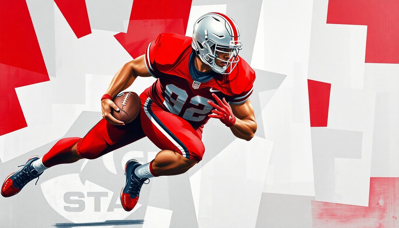 A fractured, multi-angled painting depicting the dynamic movements of a football player in scarlet and gray, the colors of Ohio State, rendered in Picasso's signature cubist style.