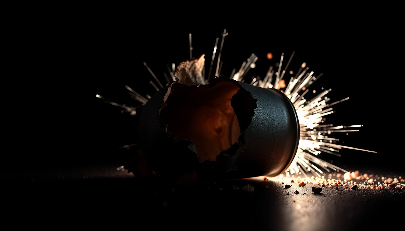 An extreme close-up photograph of a shattered fireworks casing against a pitch-black background, conceptually representing the devastation of a deadly explosion.