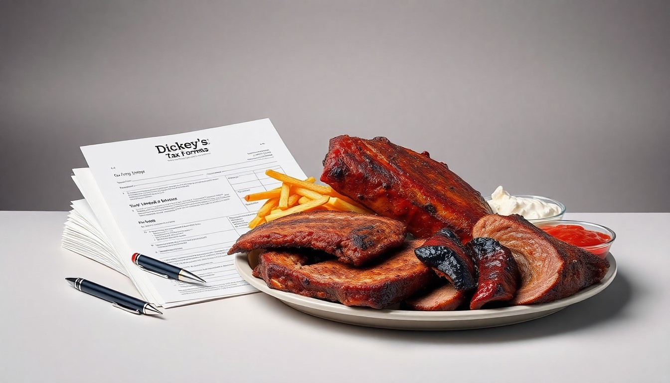 A minimalist studio still life featuring tax forms, a pen, and a plate of slow-smoked barbecue ribs, brisket, and sides, conceptually representing the contrast between the stress of tax season and the comfort of indulging in Dickey's barbecue.
