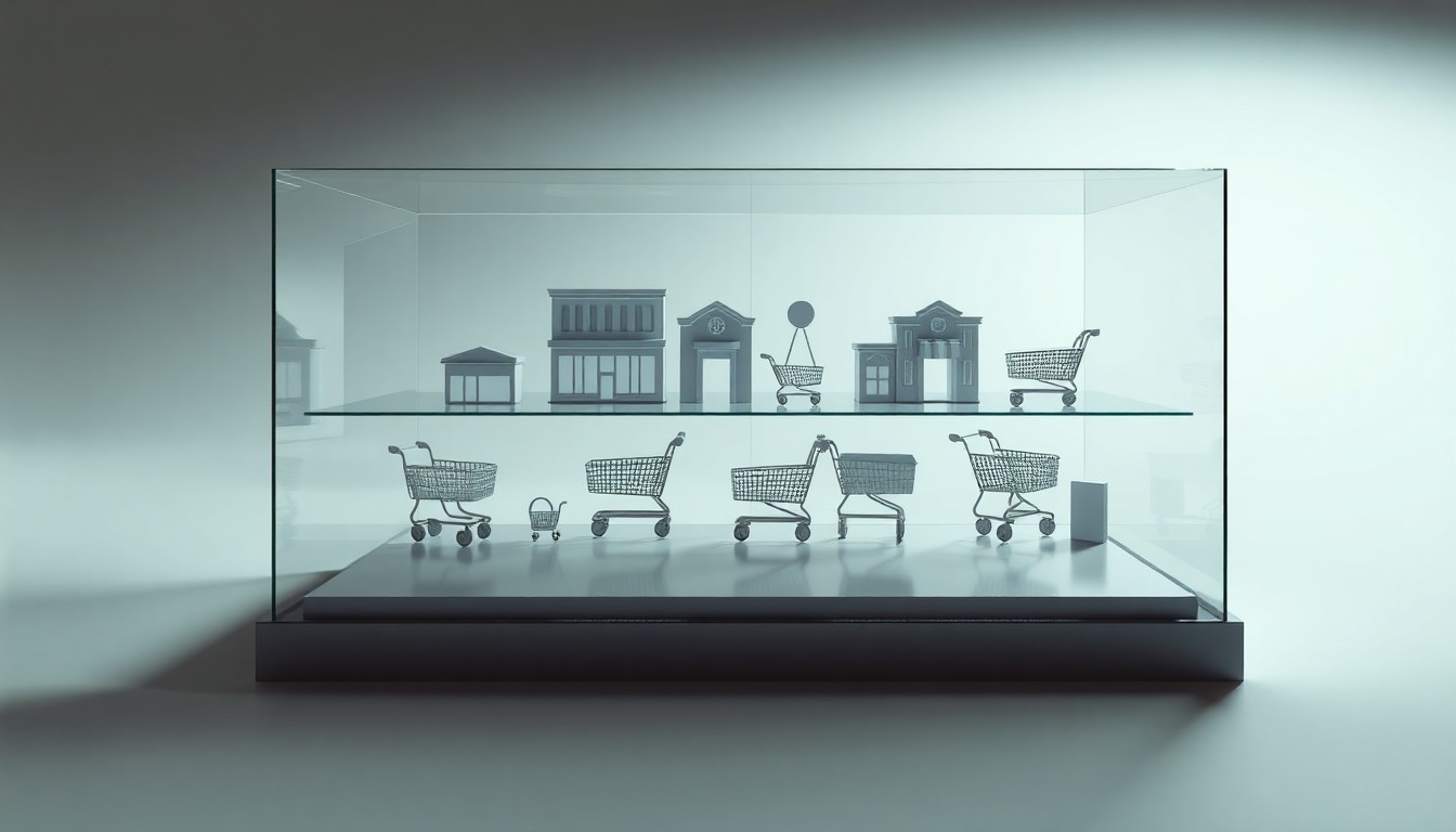 A photorealistic studio still-life image featuring a polished, geometric glass display case filled with miniature 3D models of retail storefronts, shopping carts, and other abstract corporate symbols, arranged elegantly on a clean, monochromatic background using dramatic lighting to symbolize the strategic acquisition of a major retail property.