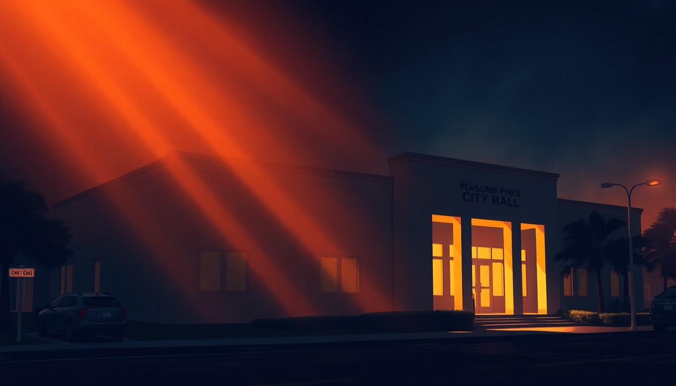 A photorealistic painting of the exterior of a government building with warm lighting and deep shadows, conveying a sense of quiet civic importance.