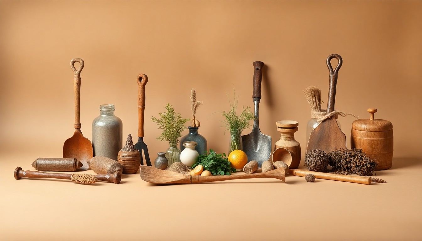 A high-end, photorealistic studio still-life photograph featuring a collection of premium, polished agricultural tools and objects arranged elegantly on a clean, monochromatic seamless background, conceptually representing the transfer of knowledge, ecological stewardship, and community identity in the context of farm succession.