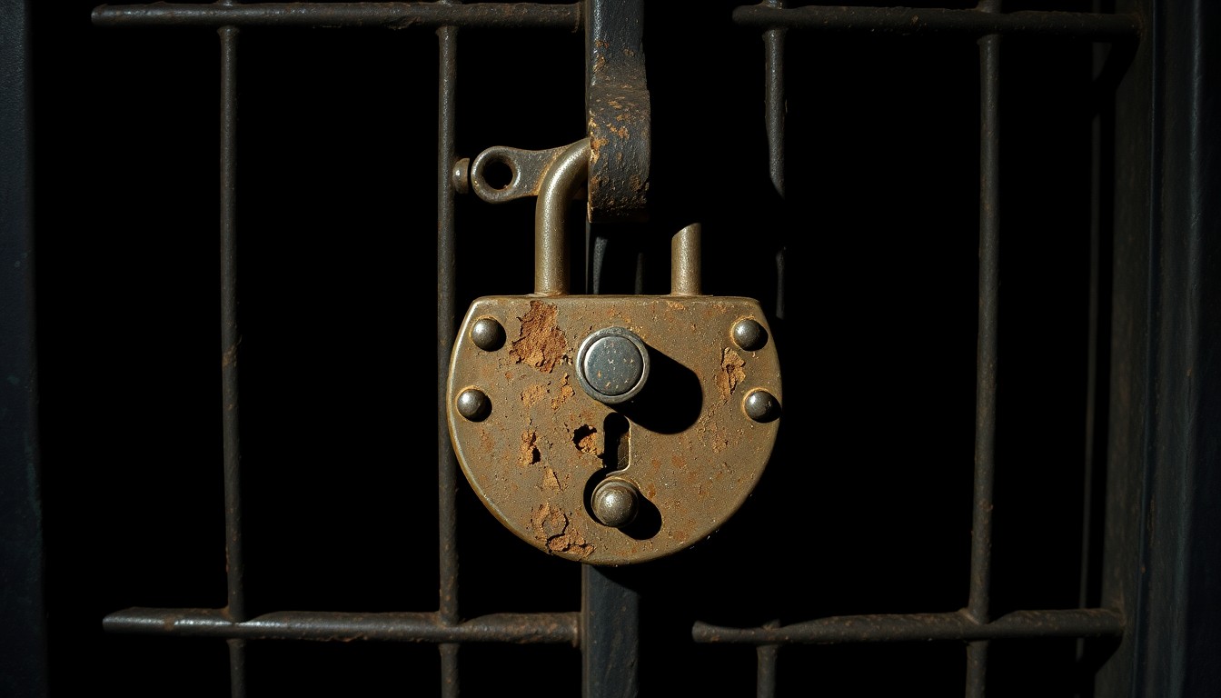 An extreme close-up of a rusted, damaged lock on a jail cell door, captured in stark, gritty detail through harsh flash photography, conceptually illustrating the crumbling state of the Lorain County Jail.