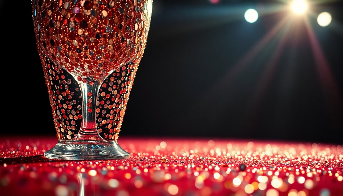 An extreme close-up of shimmering sequins and glittering disco glass textures, captured in dramatic high-contrast studio lighting to convey the glamorous aesthetic of a film premiere.