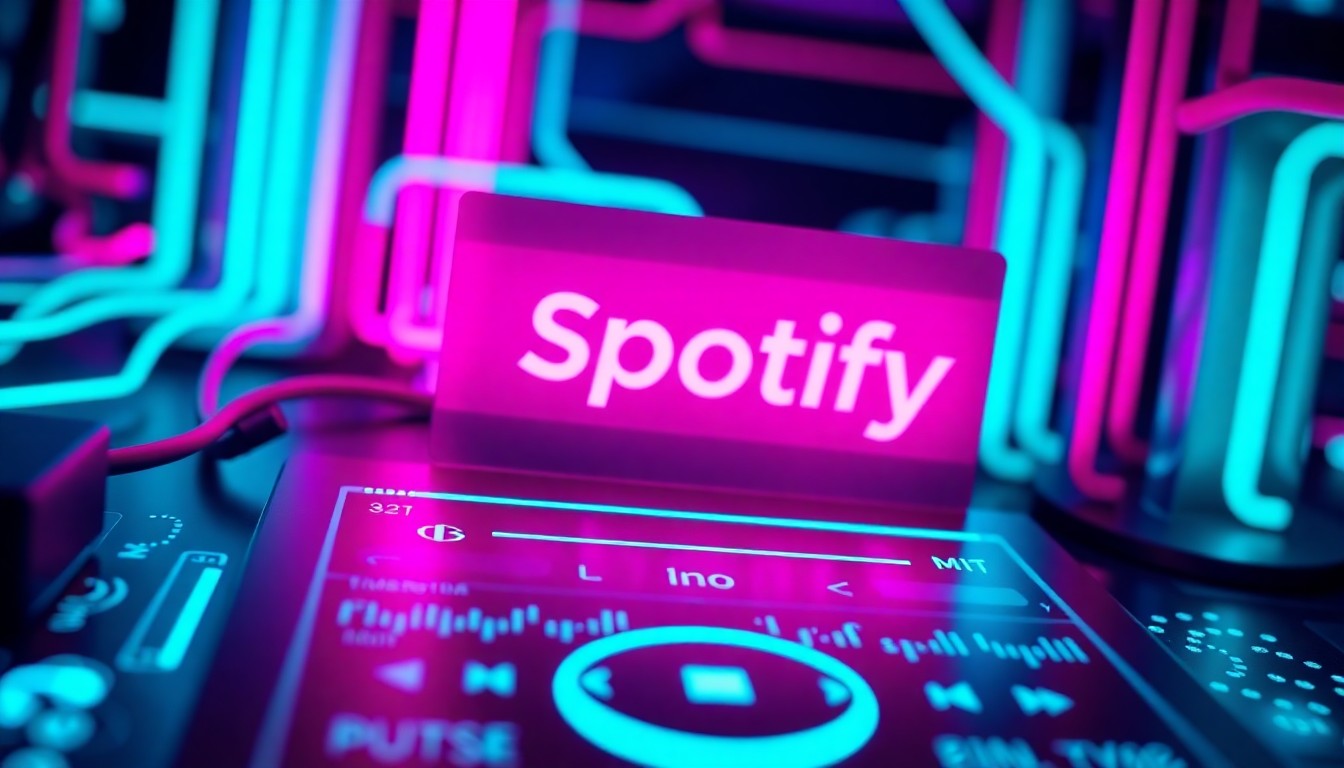 A highly detailed, glowing 3D illustration of a Spotify music player interface, with pulsing neon lights illuminating the complex digital components and algorithms that power the platform's shuffle feature, conceptually representing the hidden complexity behind the user experience.