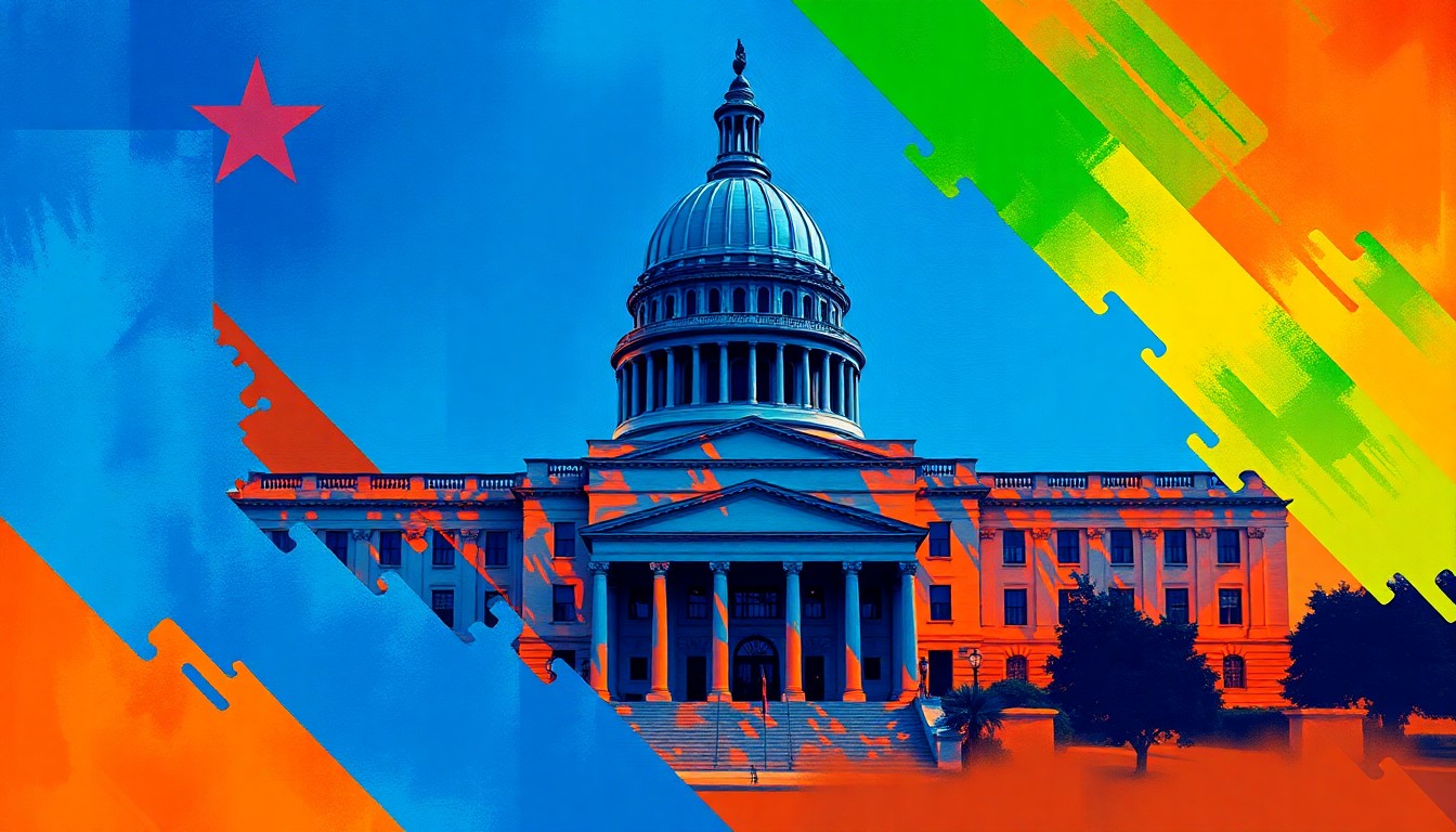 A dynamic, abstract painting of a California state capitol building or other political symbol, with overlapping, fractured geometric shapes in vibrant blues, oranges, and greens, conveying the intense competition and uncertainty of the Republican primary race.