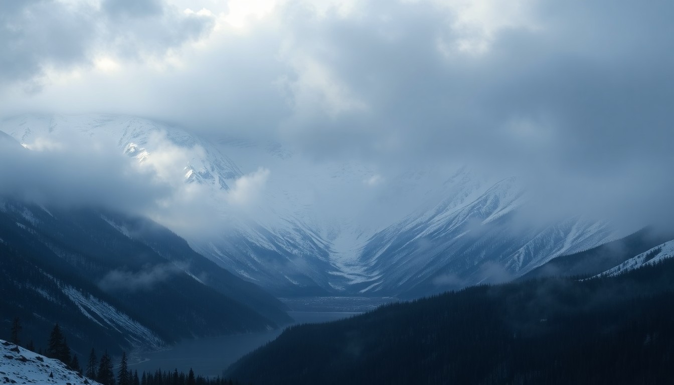 A sweeping, atmospheric landscape painting in muted tones of grey, blue, and white, depicting the majestic, snow-capped peaks of the Lake Tahoe region shrouded in heavy fog and dramatic lighting, conveying the overwhelming scale and power of the natural environment.