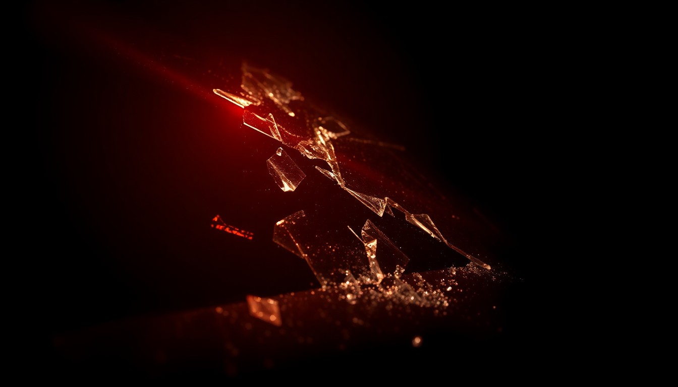 An extreme close-up photograph of shattered glass from a car windshield, reflecting a faint light and creating a stark, gritty, investigative aesthetic that conceptually represents the aftermath of a serious vehicle accident.