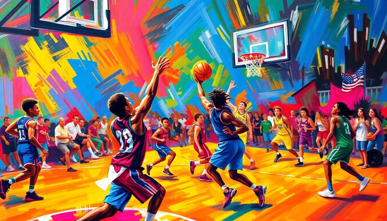 An abstract, textured painting in neon colors depicting the dynamic motion and energy of a community basketball game.
