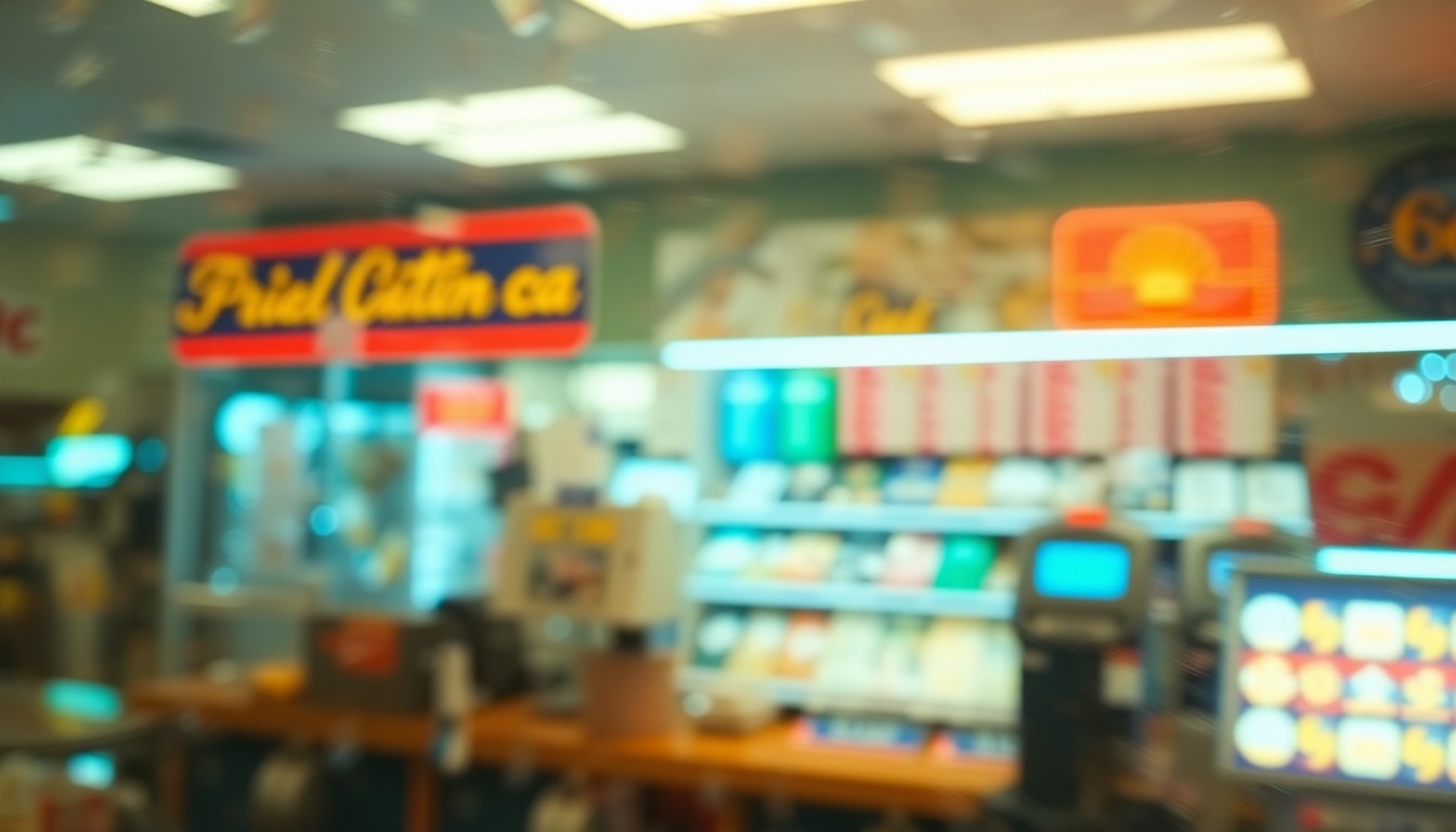 An abstract, impressionistic photograph of a blurred convenience store checkout counter, with indistinct shapes and colors representing lottery tickets, cash registers, and other retail elements, conveying a sense of mystery and anticipation around an unclaimed million-dollar prize.