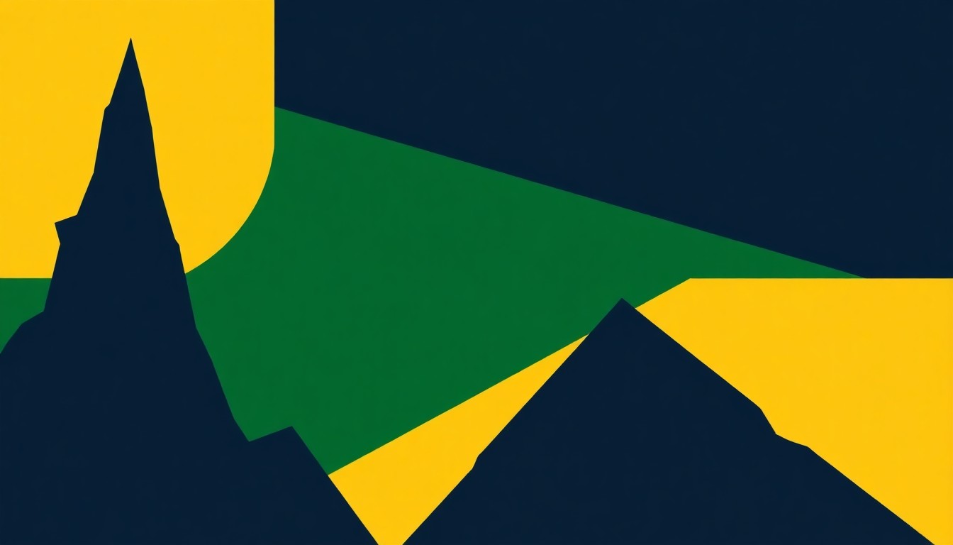 An abstract composition of bold, geometric shapes in deep indigo, forest green, and bright yellow, conceptually representing the fantastical world and innovative musical style of Britten's operatic adaptation of 'A Midsummer Night's Dream.'