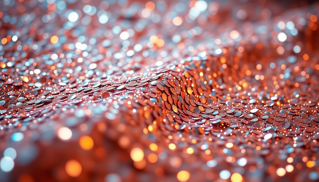 An extreme close-up photograph of shimmering, glittering sequins in dramatic, high-contrast studio lighting, capturing the glamour and opulence of classic Hollywood.