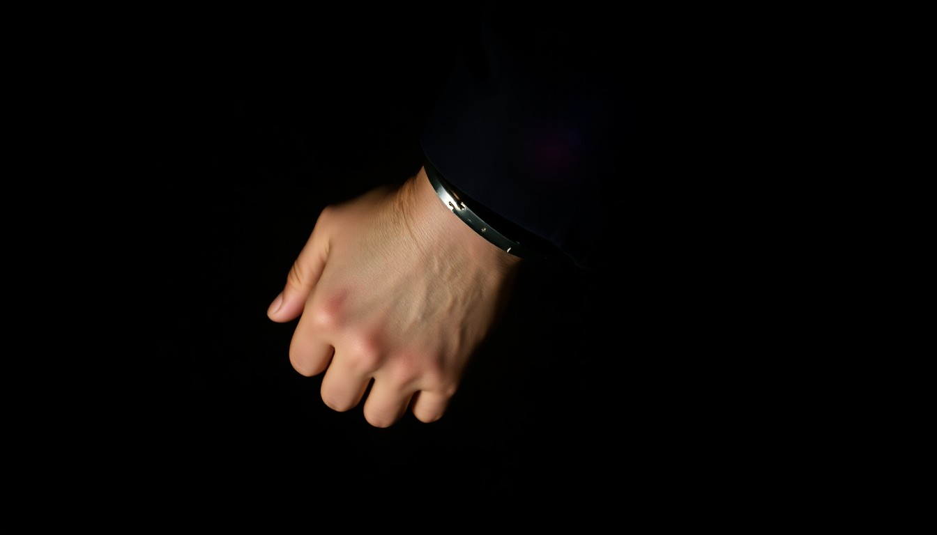 An extreme close-up of a handcuffed wrist and part of a police uniform sleeve, captured with harsh, dramatic lighting to convey the serious, investigative nature of the incident.