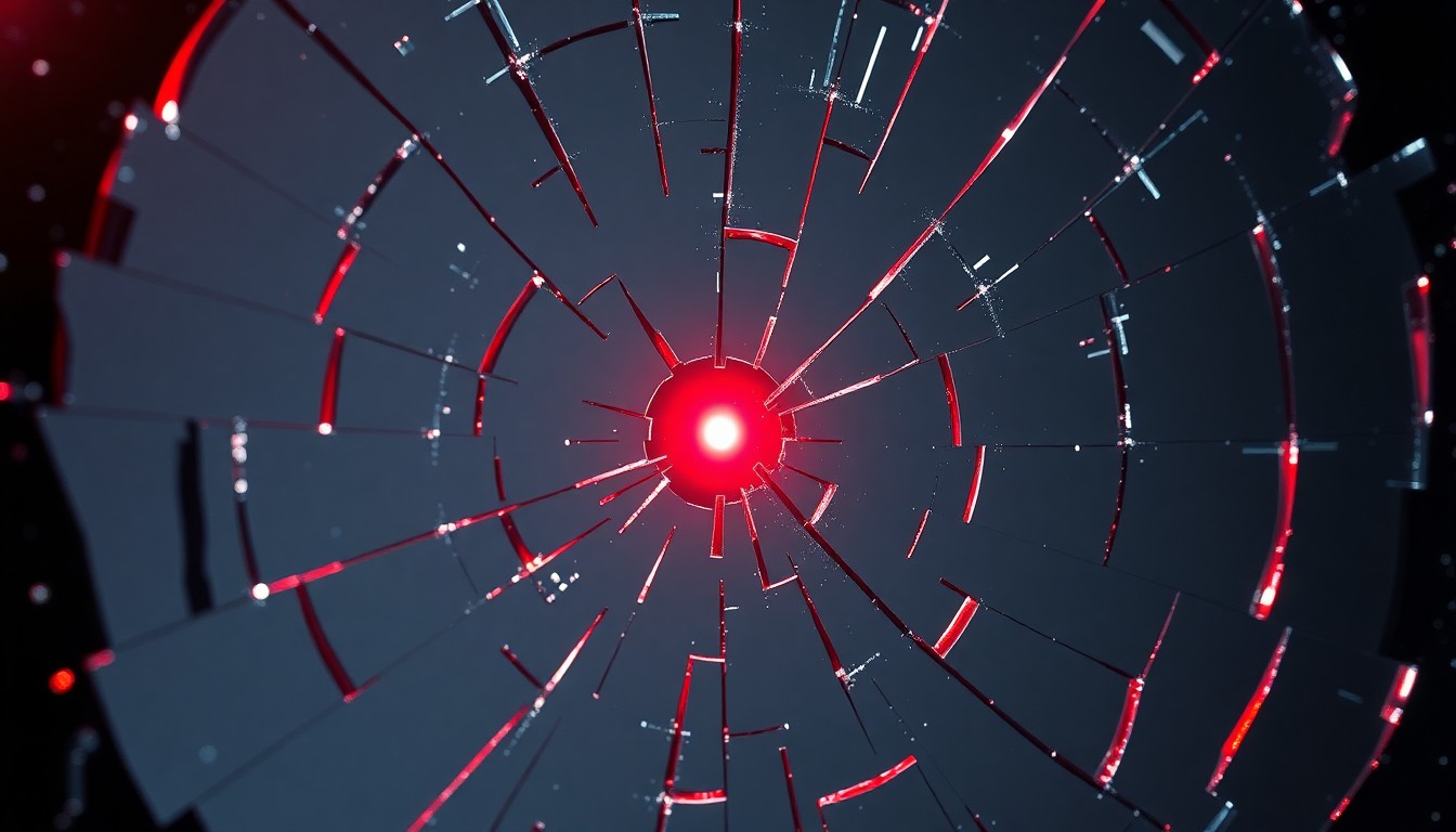 An abstract, high-contrast close-up photograph of a shattered mirror reflecting a single red light, conveying a sense of chaos and confusion.
