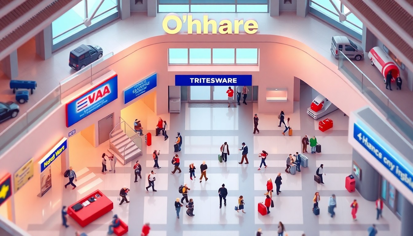 A stylized, isometric 3D digital illustration depicting the bustling interior of an airport terminal, with small figures of passengers, staff, and business owners navigating the space. The scene features clean, modern architecture and bold colors to capture the energy and potential of the airport environment.