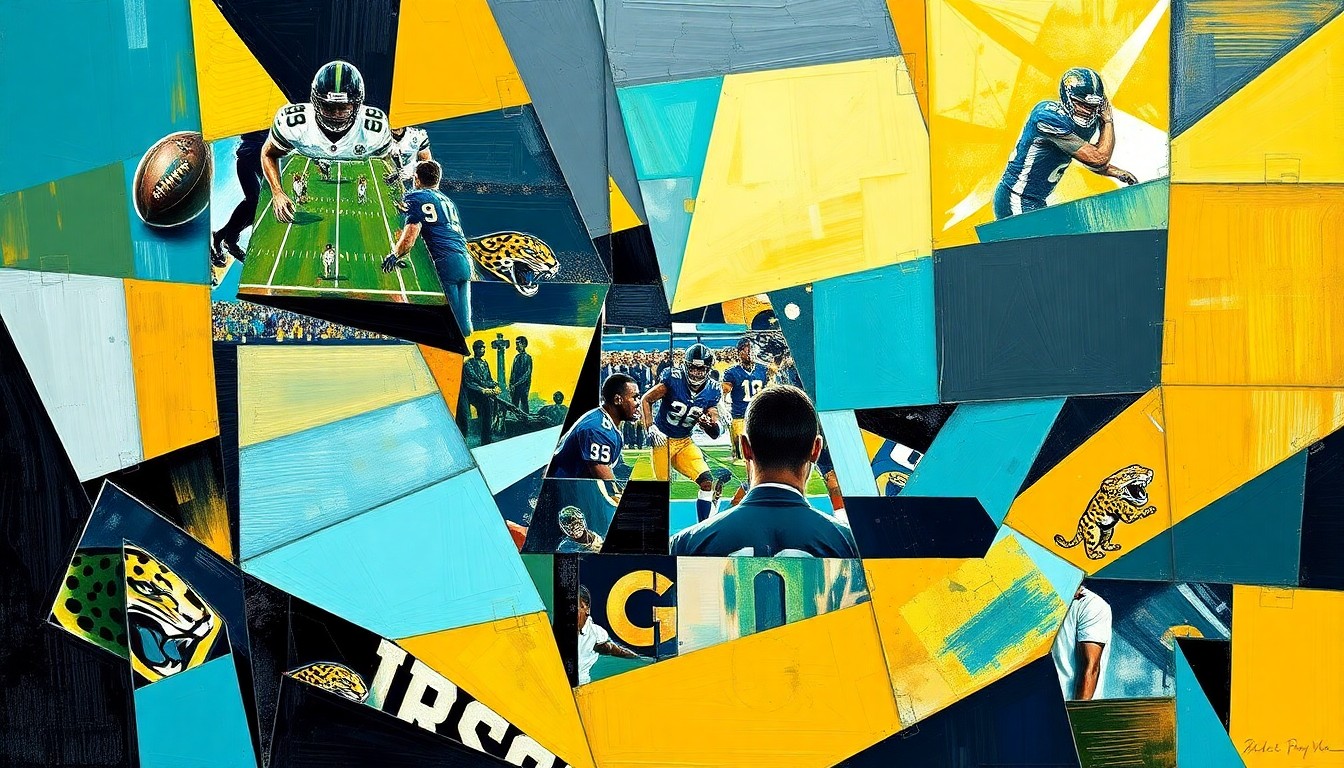 A fractured, multi-perspective painting in vibrant teal, black, and gold colors, breaking down a football game or NFL draft scene into sharp, overlapping geometric planes, conceptually representing the Jaguars' secretive and aggressive approach to the upcoming draft.