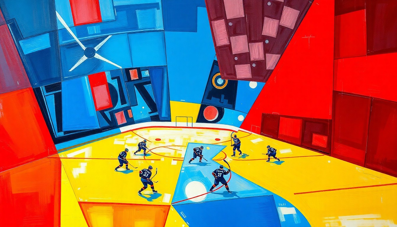 A cubist, geometric painting depicting a hockey game in motion, with sharp, overlapping planes of color representing the impact of a puck striking a coach on the sideline.
