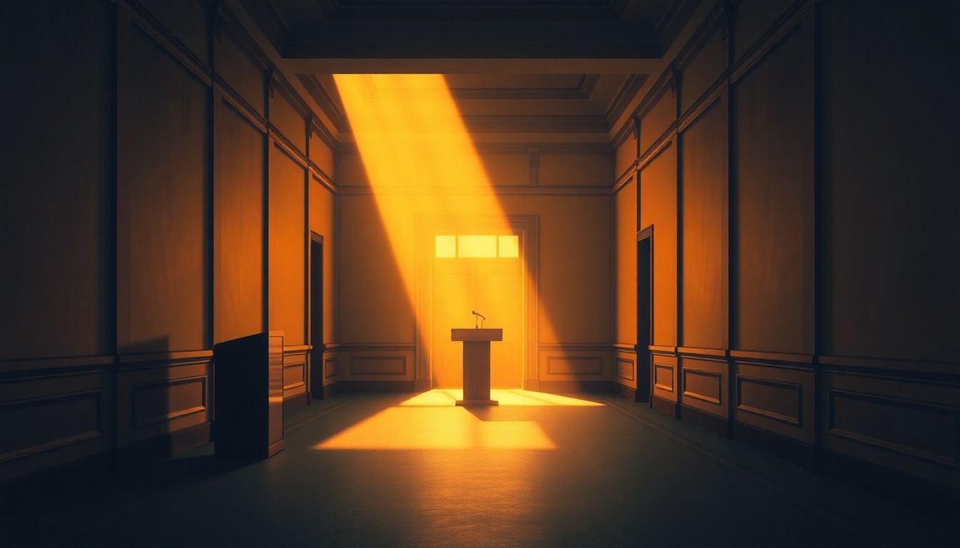 A dimly lit, cinematic painting of a lone podium in a government building hallway, with warm diagonal sunlight and deep shadows, conveying a sense of political anticipation and solemnity.