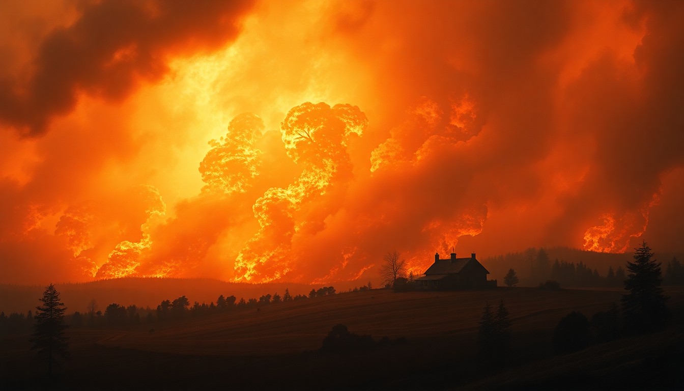 A vast, majestic landscape painting depicting a raging wildfire consuming a small rural home in the distance, with the overwhelming scale of the natural disaster dwarfing the physical structure caught within the blaze.