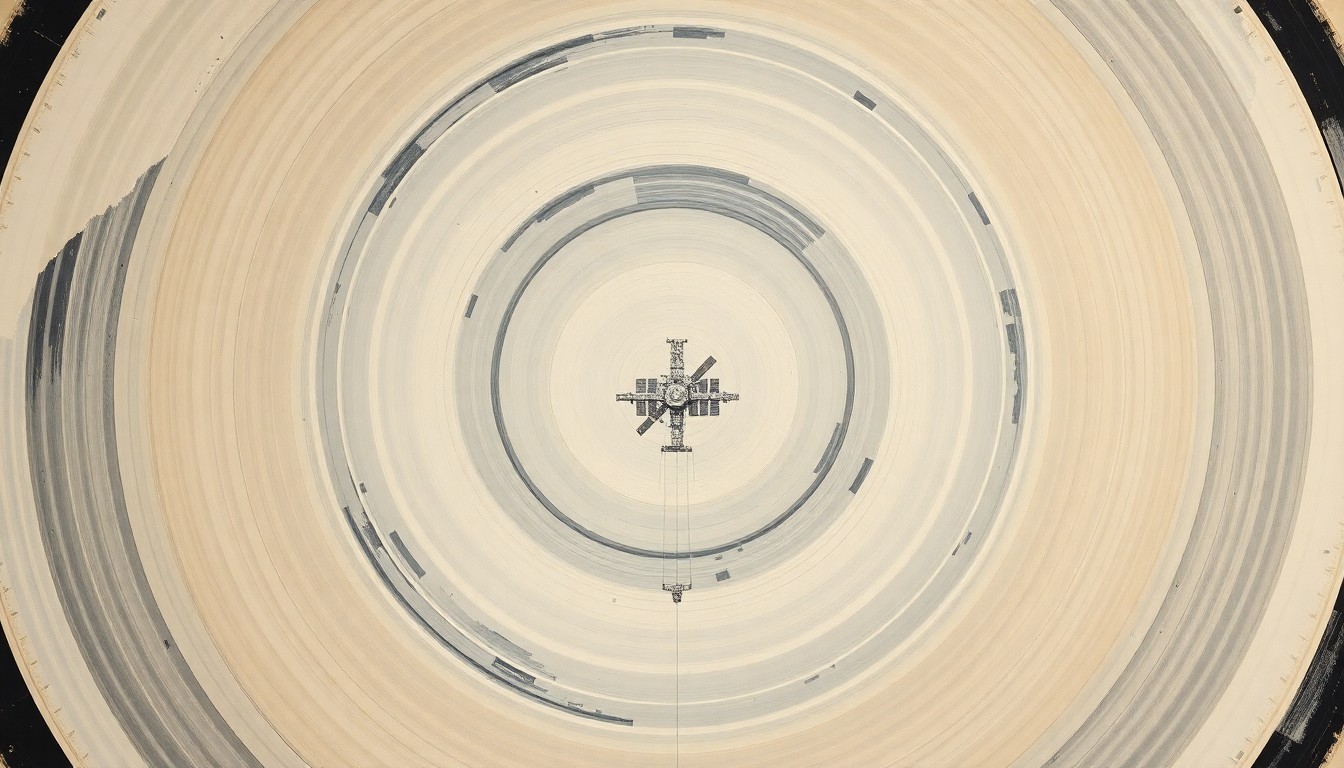 A bold, abstract painting in soft blues, greens, and grays depicting the complex orbital mechanics and rendezvous of a cargo spacecraft with a space station, using sweeping geometric arcs, concentric circles, and precise spirals to convey the structural order of the spacecraft's approach.