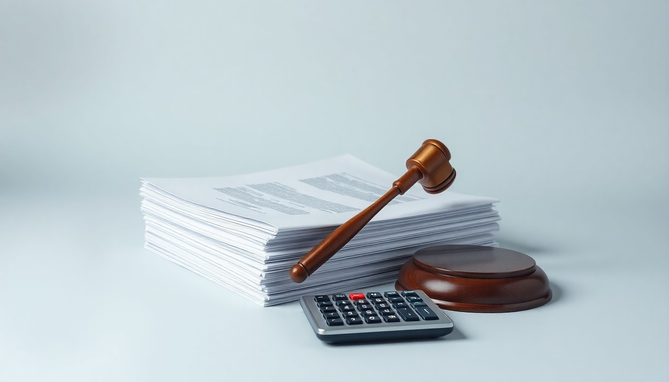 A photorealistic studio still life featuring a stack of legal documents, a gavel, and a calculator on a clean, monochromatic background, symbolizing the abstract concepts of corporate litigation, financial risk, and investor protection.