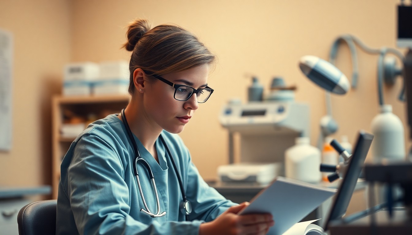An abstract, out-of-focus photograph in warm, muted tones depicting a veterinary student studying intently, surrounded by blurred medical equipment and supplies, conveying a sense of focus, determination, and the challenges faced by nontraditional students in the field.
