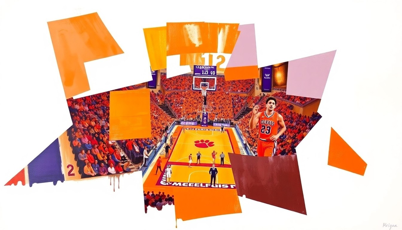 A fragmented, cubist-style painting depicting the dynamic movements and energy of a college basketball game, with sharp geometric shapes and planes in Clemson's signature orange and purple colors.