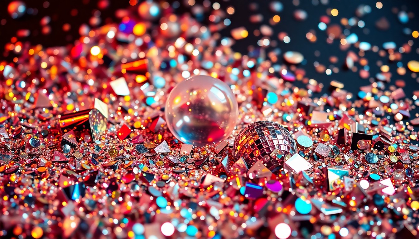 An extreme close-up of shimmering, reflective sequins and shards of broken glass, creating a high-contrast, glamorous texture that evokes the celebratory mood of indie music.