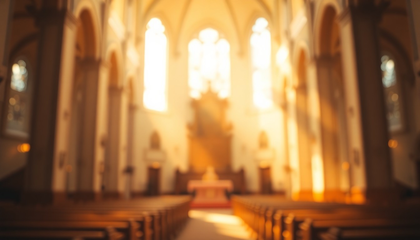 An abstract, impressionistic photograph of a church interior, with blurred shapes and muted colors creating a serene, contemplative mood.