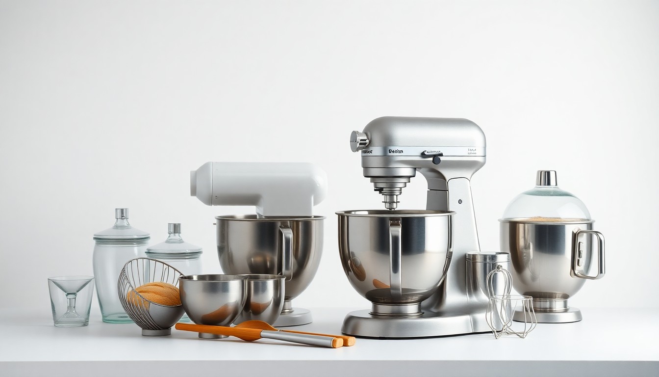 A minimalist, photorealistic studio still life featuring a collection of shiny, metallic and glass objects arranged in a clean, elegant composition, representing the precision and automation of modern bakery mixing equipment.