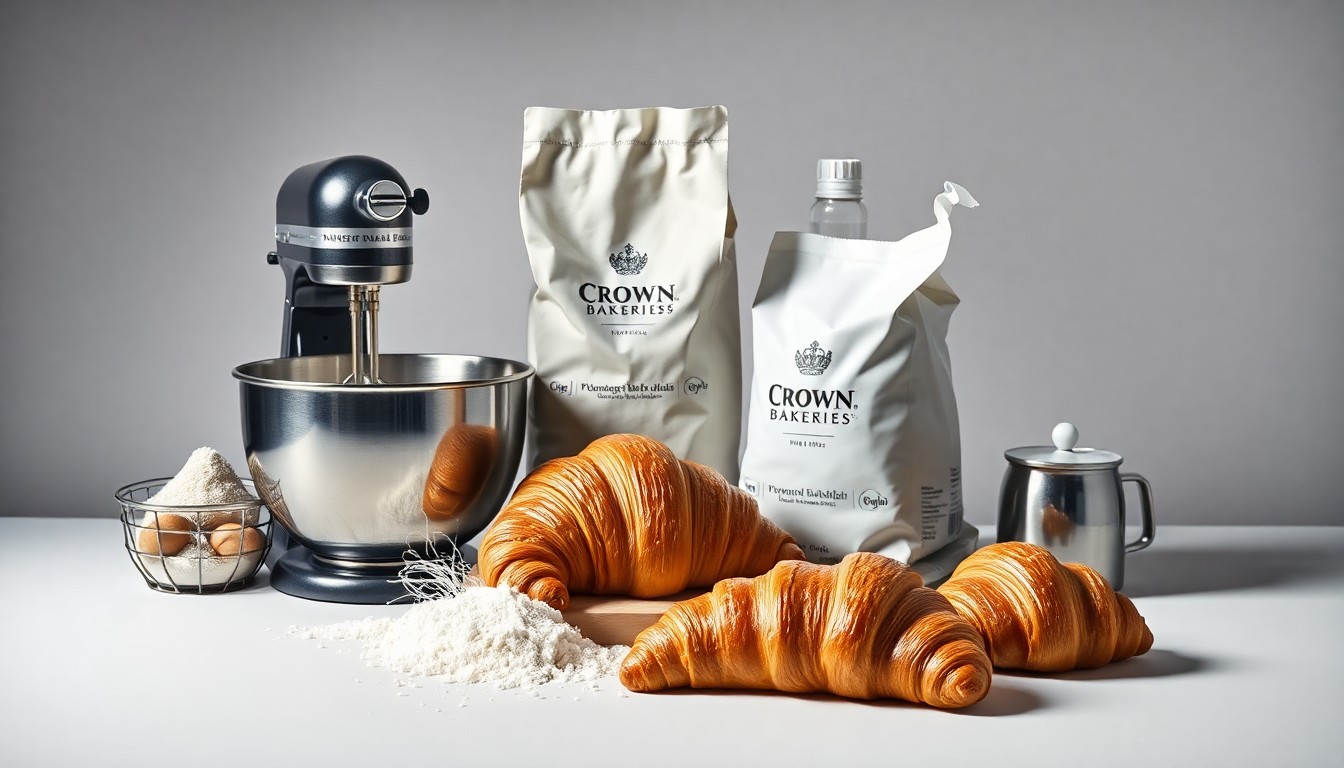 A photorealistic studio still-life photograph featuring premium baking equipment and ingredients, conveying the quality and craftsmanship behind Crown Bakeries' products.