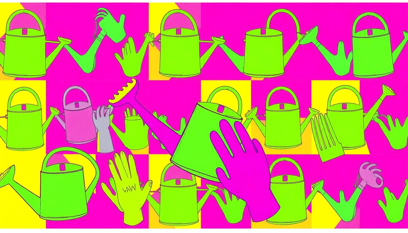 A high-contrast, silkscreen-style illustration of a gardening tool such as a trowel or watering can, repeated in a grid pattern with bright, neon-inspired colors, conceptually representing the growth of urban gardening in Birmingham.