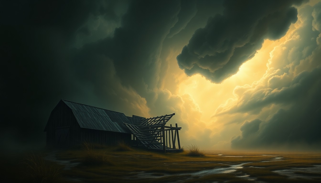A sweeping, atmospheric landscape painting depicting a large, collapsed barn structure dwarfed by the dramatic, swirling clouds and heavy rain of a violent storm, conveying the overwhelming power of nature.