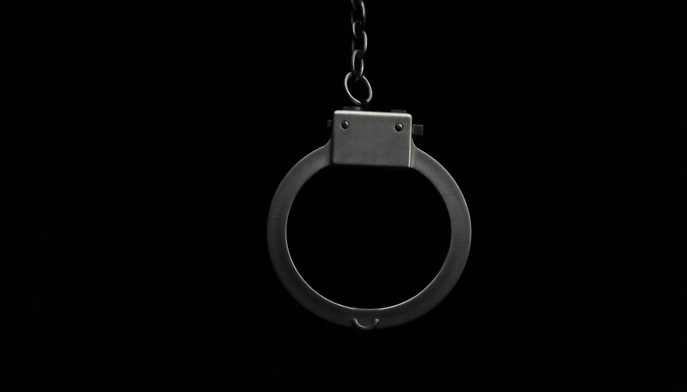 An extreme close-up photograph of a single handcuff against a pitch-black background, lit by a harsh, direct camera flash, conceptually representing the legal consequences of the alleged crime.
