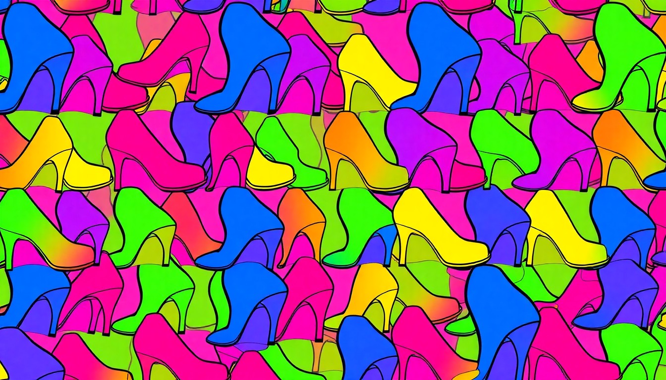 A high-contrast, brightly colored silkscreen print of a single Steve Madden Jypsey Sandal heel repeated in a grid pattern, conceptually representing the pop art influence of celebrity-worn affordable fashion.