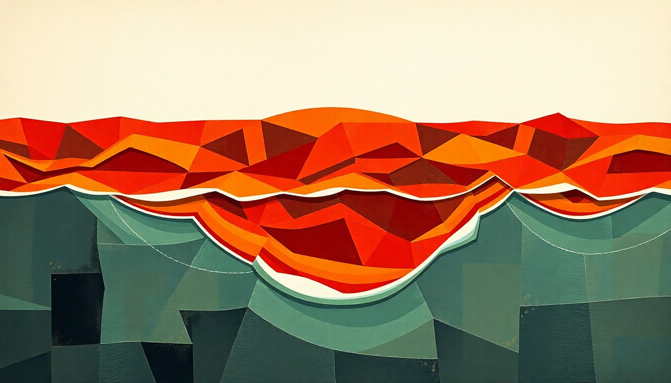 A dynamic, abstract painting depicting the Strait of Hormuz in fractured, overlapping geometric shapes and waves of fiery red, orange, and yellow colors, conveying the escalating tensions and disruption to global oil flows.