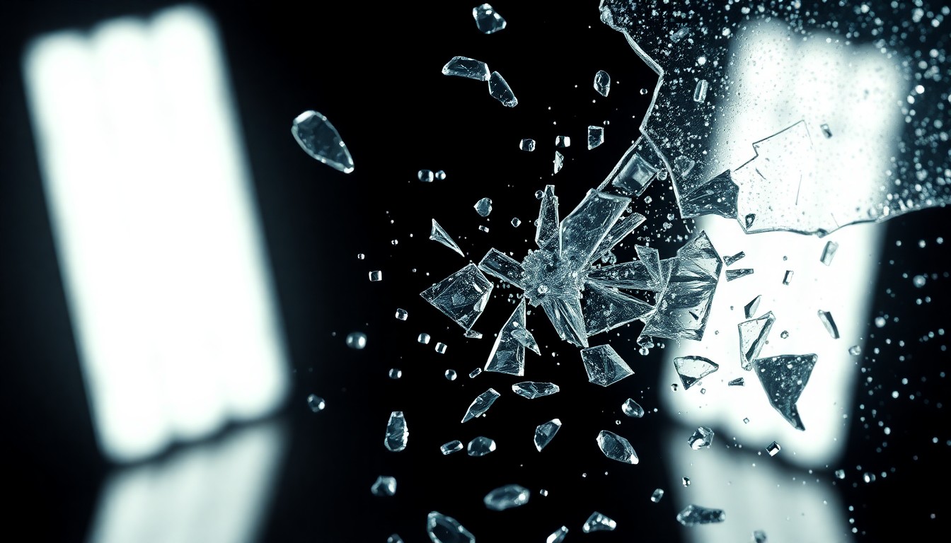 An abstract close-up image of shattered glass and glittering shards, captured in dramatic high-contrast studio lighting to convey the intensity and glamour of police procedural television shows.