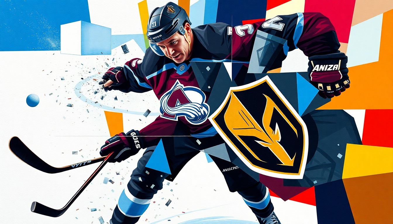 A cubist, geometric painting depicting a hockey coach being struck by a puck, with the action broken down into sharp, overlapping planes of color representing the team uniforms.