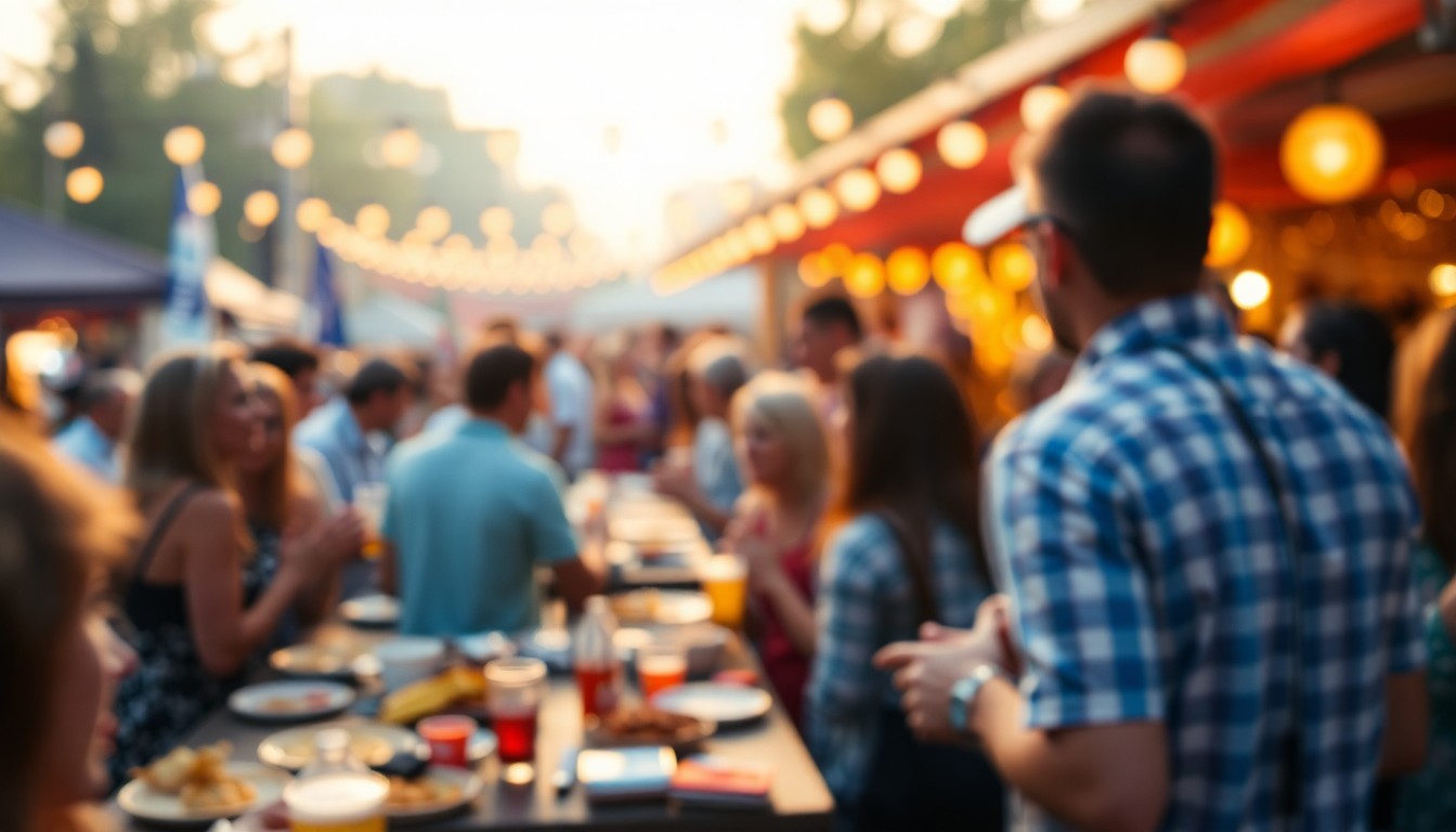 An abstract, impressionistic scene of an outdoor festival, with blurred figures enjoying food and drinks under strings of lights, all captured in a soft, hazy glow of warm colors and diffused light.