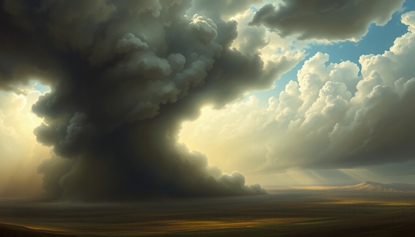 A sweeping, atmospheric landscape painting depicting a massive, swirling funnel cloud dominating the skyline over a rural countryside, conveying the overwhelming power of extreme weather.