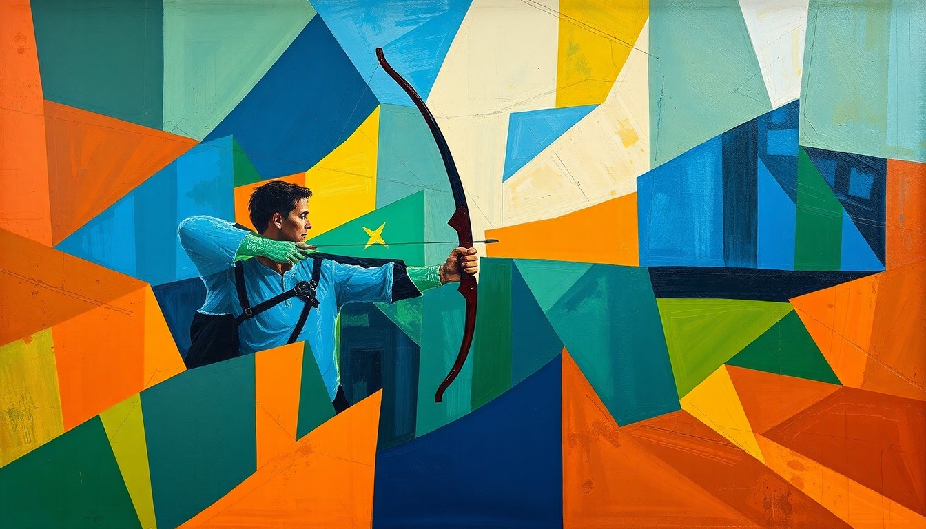 A cubist, geometric painting depicting an archery competition, with sharp, overlapping planes of color representing the dynamic movements and competition of the event.
