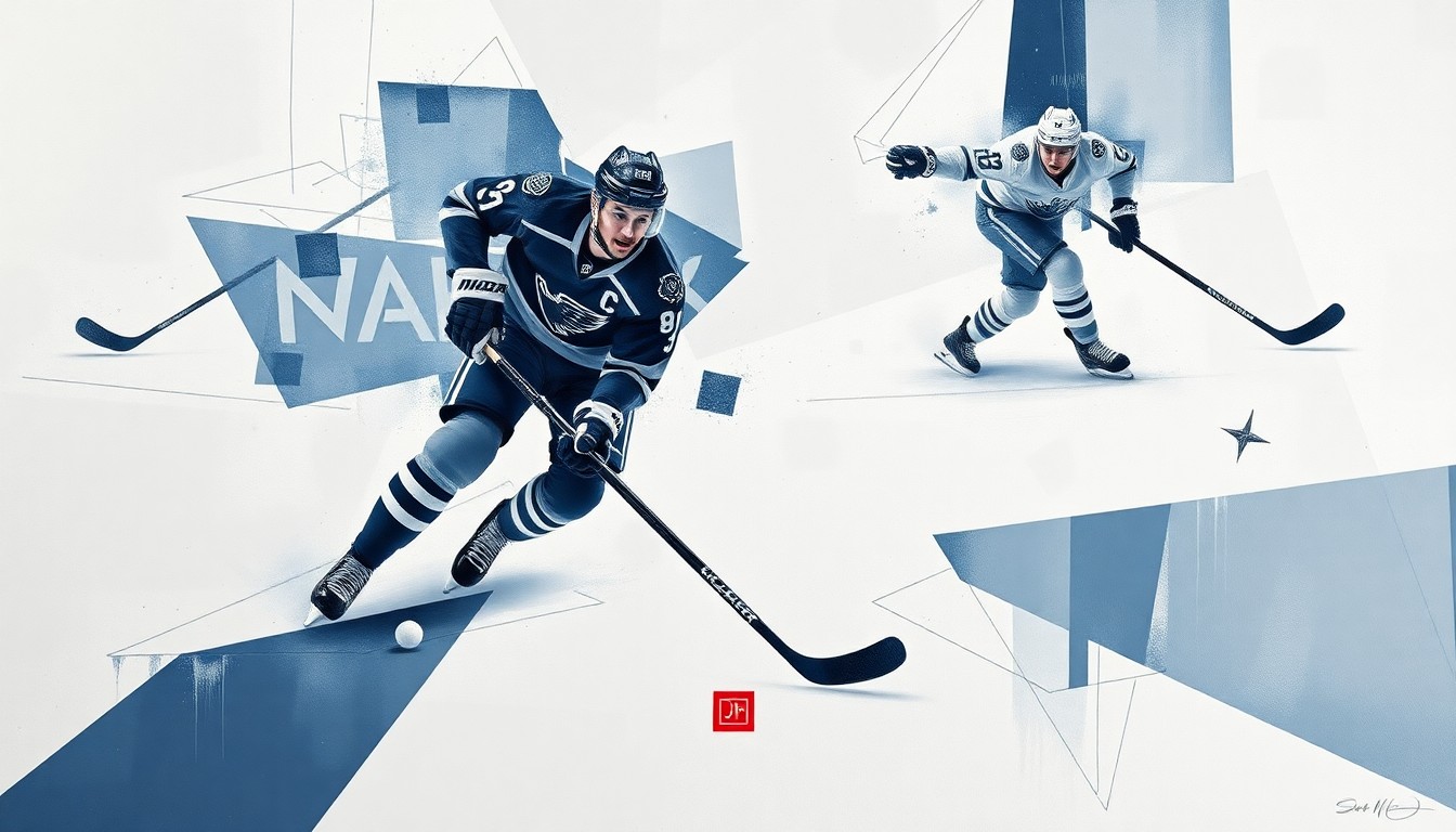 A cubist, geometric painting depicting the fragmented movements and actions of a hockey defenseman, rendered in muted blues, grays, and whites to capture the defensive nature of the sport.