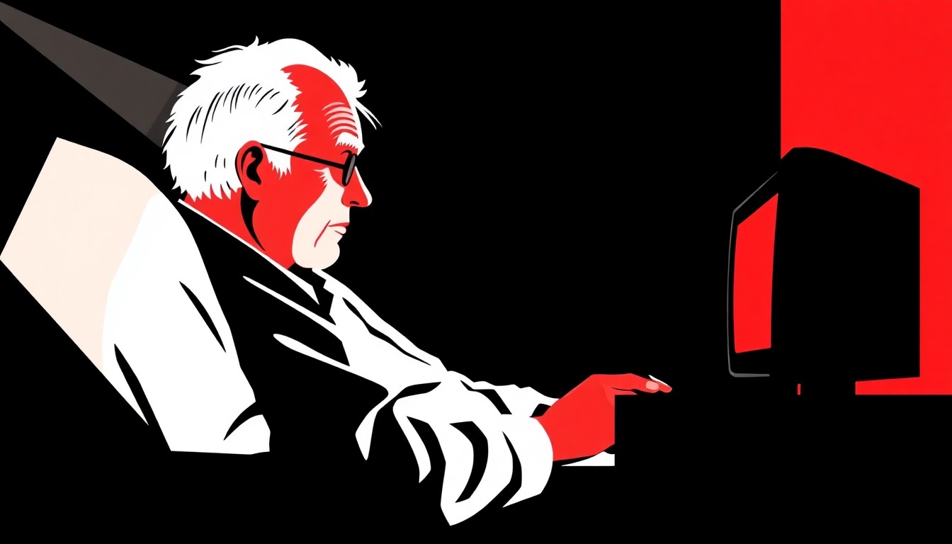An abstract, minimalist illustration featuring stark black silhouettes of geometric shapes and forms, representing an elderly person deeply focused on playing video games.